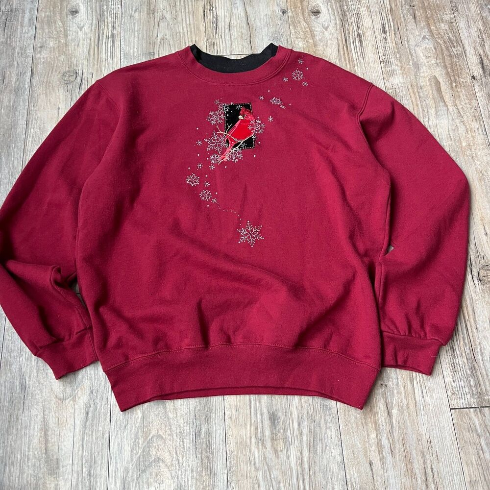 Morning Sun Vintage Sweater Small Bird Christmas Red Turtleneck Black Embroider